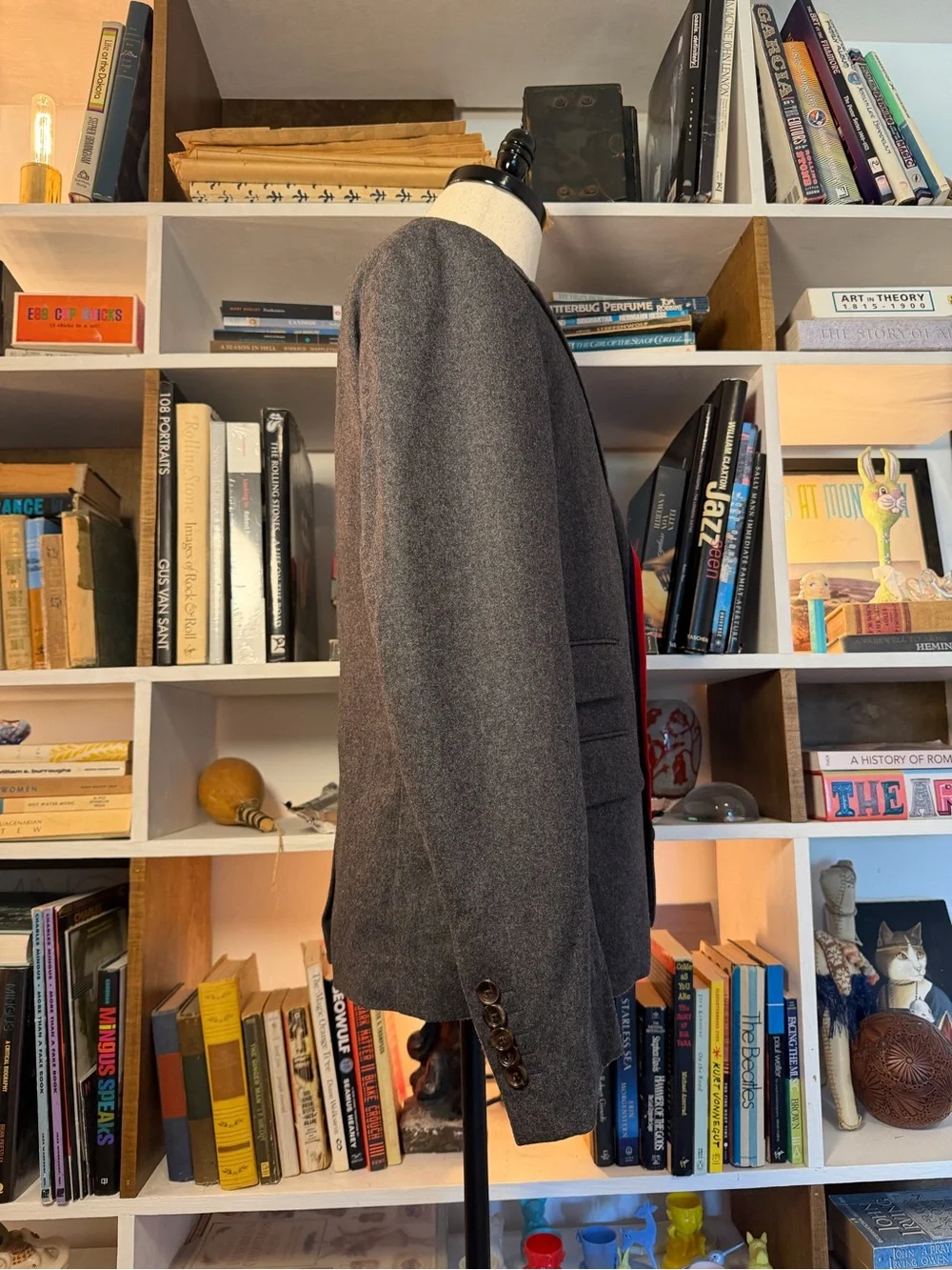 Gray Men's Wool Blazer with Red Trim